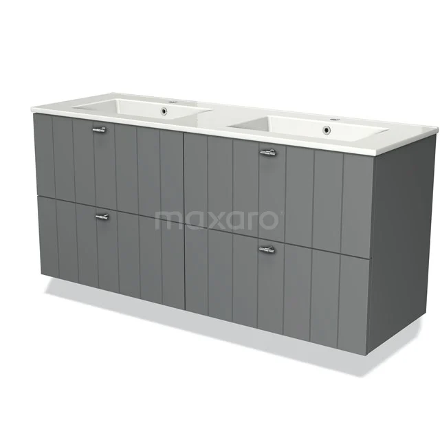 Grey wooden bathroom furniture set with double sink and vertical lines, stylish and practical for modern bathrooms.