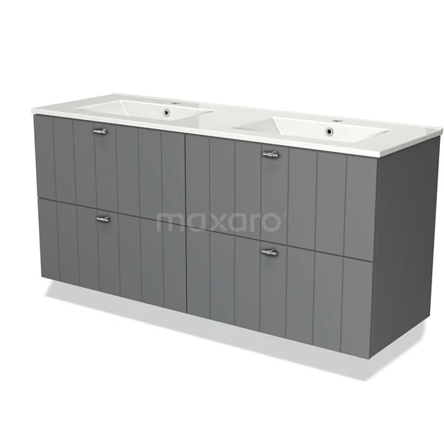 Grey double vanity unit with vertical stripes, modern bathroom cabinet, ceramic sinks, stylish storage space.