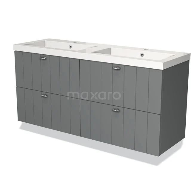 Grey double basin with modern wood look and six drawers, ideal as a stylish and spacious storage solution for the bathroom.