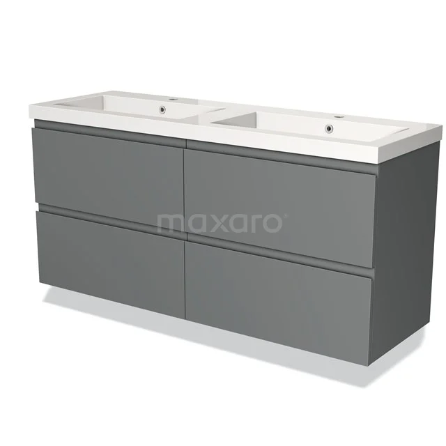 Modulo Vanity units with basin | 140 cm Mid grey Handle-less front Mineral marble 4 drawers BMW18-00468 Grey double basin base cabinet with four drawers, modern design and integrated basin; perfect for any bathroom style.