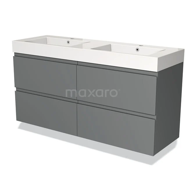 Grey double vanity unit with drawer fronts, ceramic sink, modern design, ideal for spacious bathrooms.