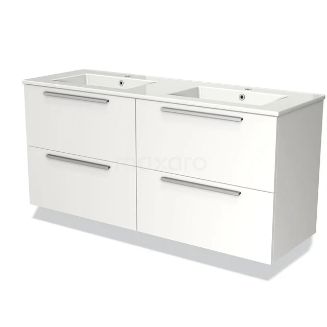 Weiße doppelte Badmöbelset mit vier Schubladen, modernes Design, ideal für Stauraum im Badezimmer.