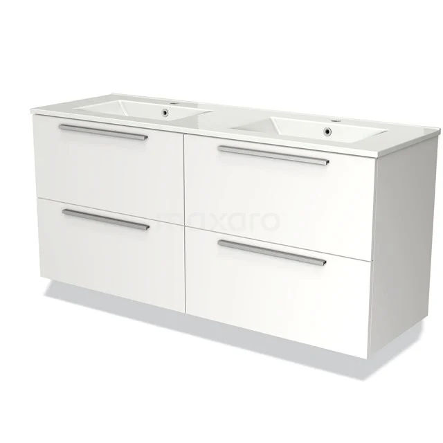 Wit badkamermeubel met dubbele wastafel, vier lades en chroomgrepen, perfect voor moderne badkameropslag.