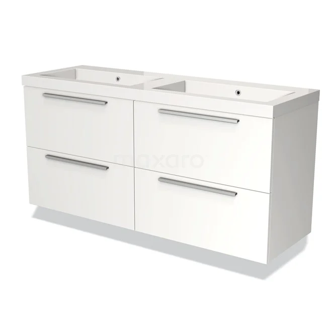 Witte badkamermeubelset met dubbele wastafel, vier lades en strakke zilveren handgrepen, ideaal voor moderne badkamers.