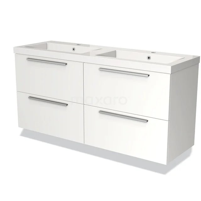 Wit badkamermeubel met dubbele wastafel, moderne rechthoekige vorm, strak design, vier lades en metalen handgrepen.