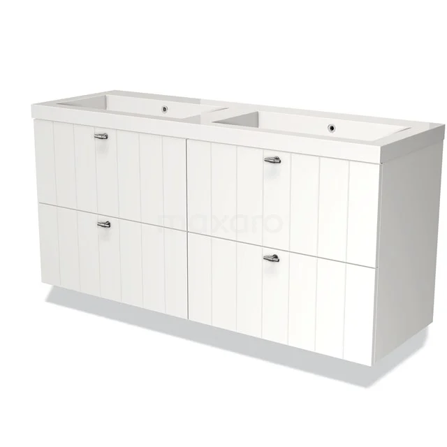 White wooden bathroom unit with vanity units with basin, vertical lines on the doors, ideal for a modern bathroom design.