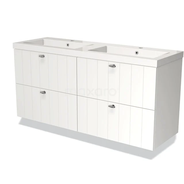 White double vanity unit with four drawers, vertical lines and chrome handles, ideal for stylish bathroom design.
