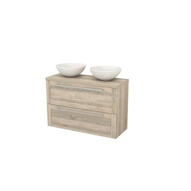 Wooden bathroom unit with double white countertop wash basin, modern design, two drawers and oak look for a stylish bathroom.