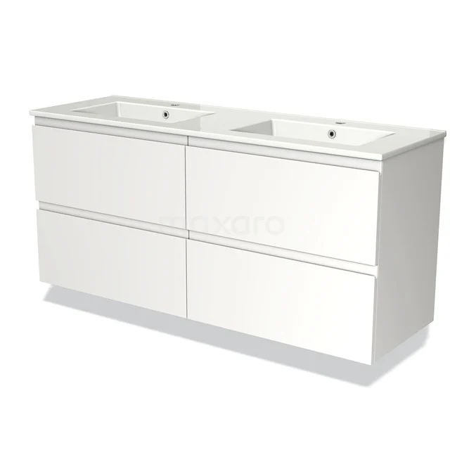 Weißes Waschtisch mit doppeltem Waschbecken, vier Schubladen und schlankem Design, perfekt für ein modernes Badezimmer.