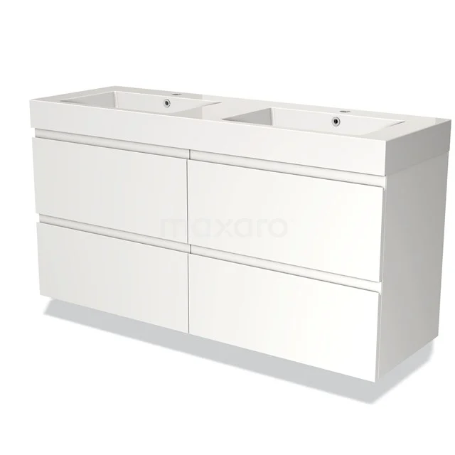 Wit badkamermeubel met dubbele wastafel, moderne look, zes lades, perfect voor stijlvolle en functionele badkameropslag.
