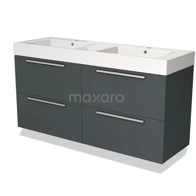 Donkere grijze badkamermeubel met dubbele wastafel, vier lades en strakke handgrepen, ideaal voor een moderne badkamer.