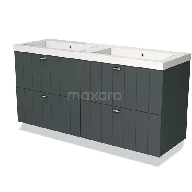 Double basin with dark grey wooden base and white ceramic; modern vanity units with basin ideal for spacious bathroom units.