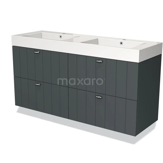 Double basin with dark grey lower cabinet, sleek design, ideal for modern bathrooms.
