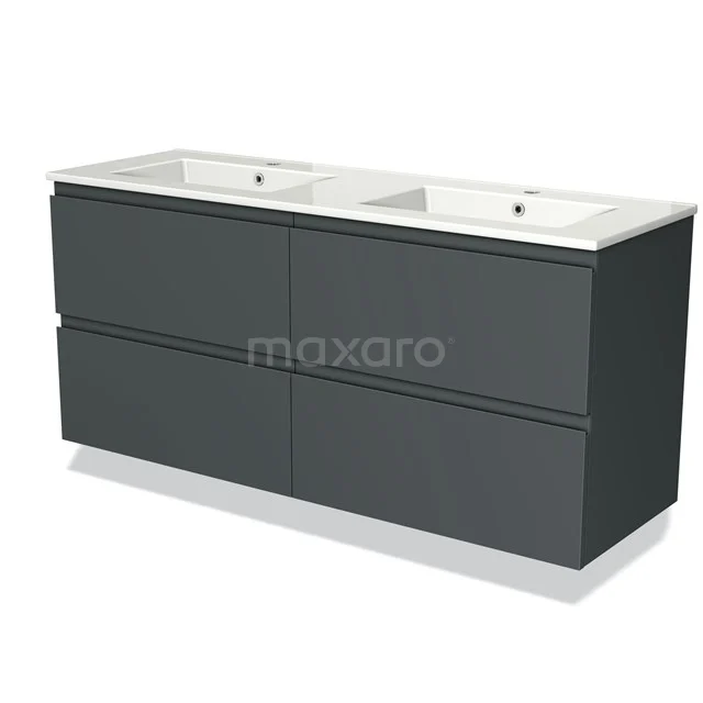 Dark grey bathroom furniture set with double basin, modern design, sleek drawers, ceramic sink, practical and stylish.