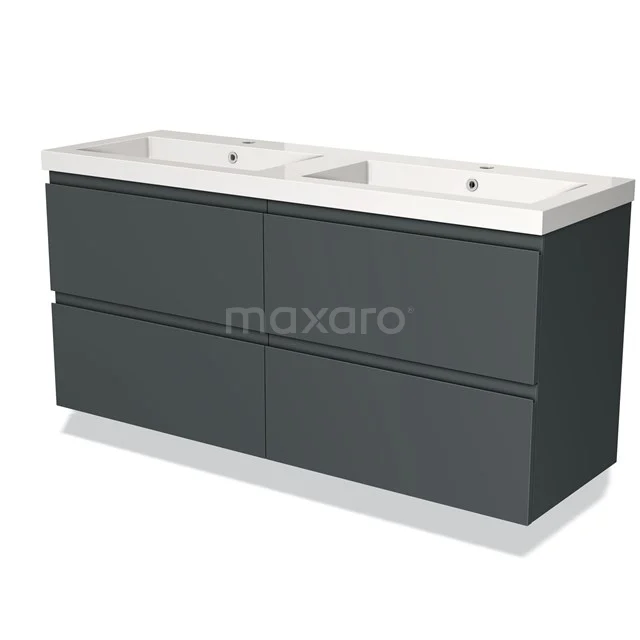 Double basin with dark grey cabinet, sleek design, ideal for a modern bathroom.