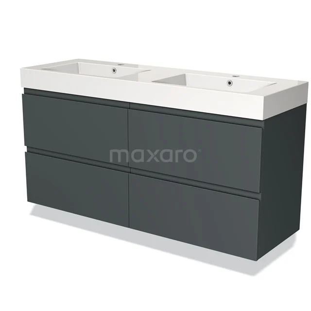 Dark grey bathroom furniture set with double basin, sleek design and spacious storage compartment, ideal for modern bathrooms.