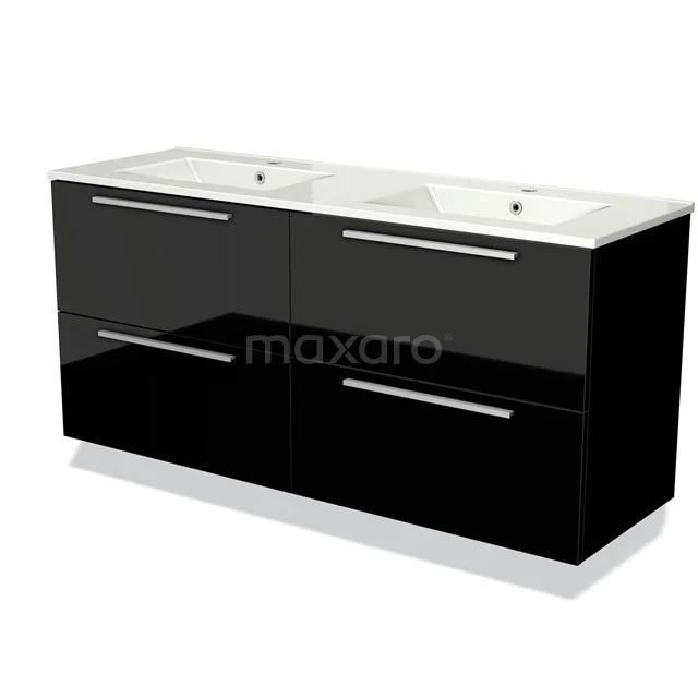 Black floating bathroom furniture set with double basin, high-gloss finish and sleek drawer handles, modern design.