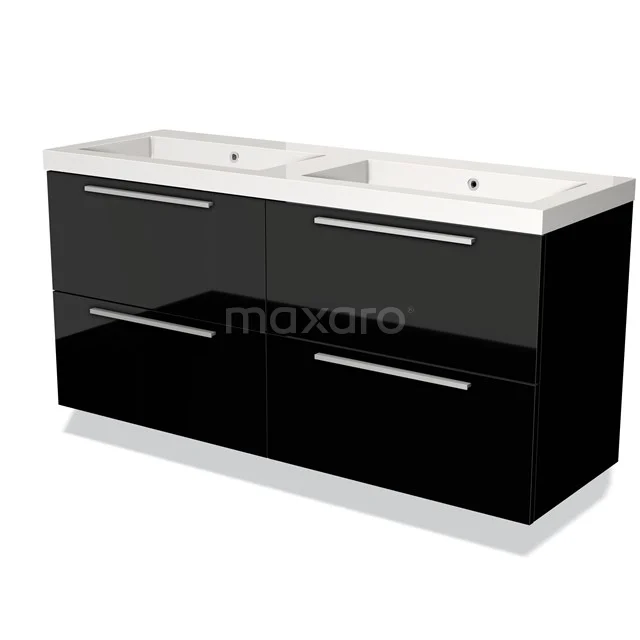 Doppelte schwarze Hochglanz-Badschrank mit weißem Waschbecken, modernes Design und metallischen Griffen, ideal für stilvolle Bäder.