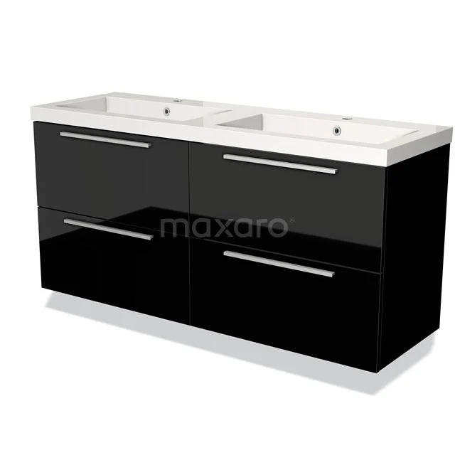 Badkamermeubel 140 cm Modulo Hoogglans Zwart 4 Lades Vlak Wastafel Mineraalmarmer BMW18-00510