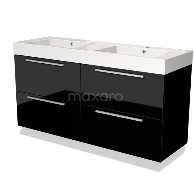 Zwarte wastafelmeubel met dubbele wasbak, glanzend afwerking, vier lades en modern design voor stijlvolle badkamer inrichting.