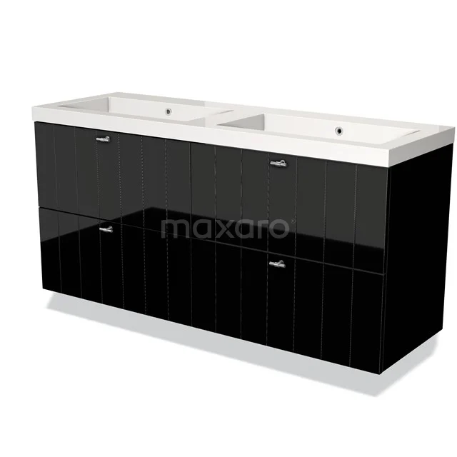 Modulo Bathroom furniture with sink | 140 cm High-gloss black Slat front Mineral marble 4 drawers BMW18-00515 Black double basin vanity unit with high-gloss finish, integrated storage drawers and ceramic basin, ideal for modern bathrooms.