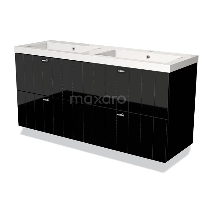 Black high-gloss bathroom unit with vanity units with basin, modern design and practical storage space.