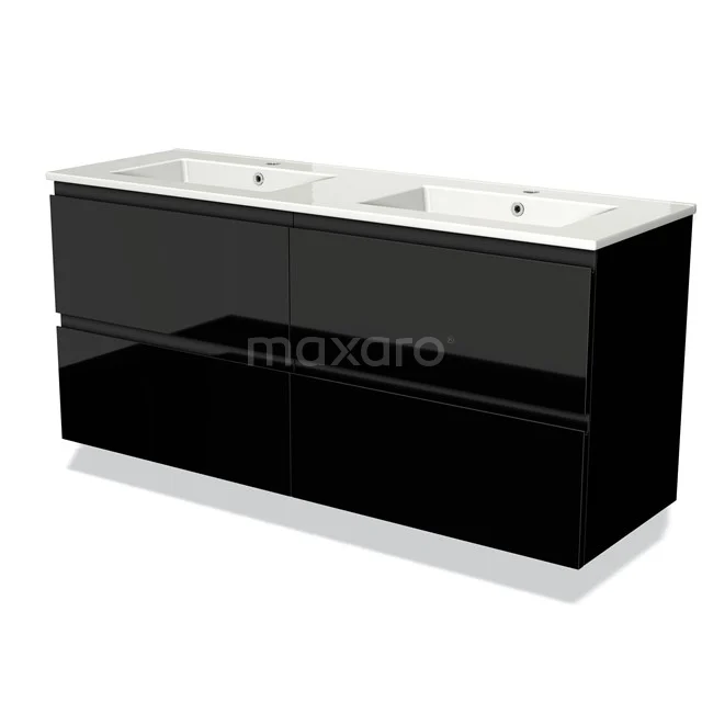 Zwarte dubbele wastafel met glanzende lades, modern design en keramische bovenkant, ideaal voor een stijlvolle badkamer.