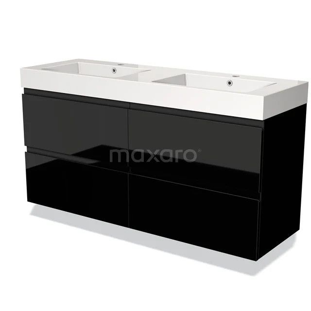 Zwarte dubbele wastafel met glanzende lades, modern design en keramische wasbak, ideaal voor een stijlvolle badkamer.
