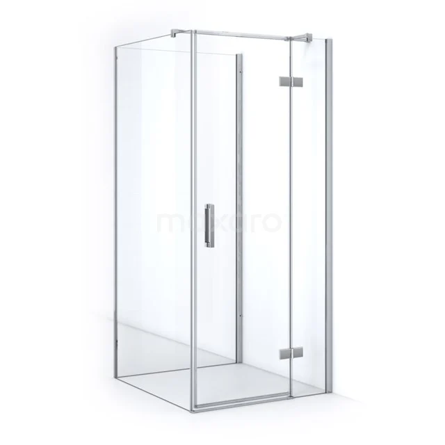 Shower enclosure square glass clear with chrome accents, minimalist design perfect for modern bathrooms.