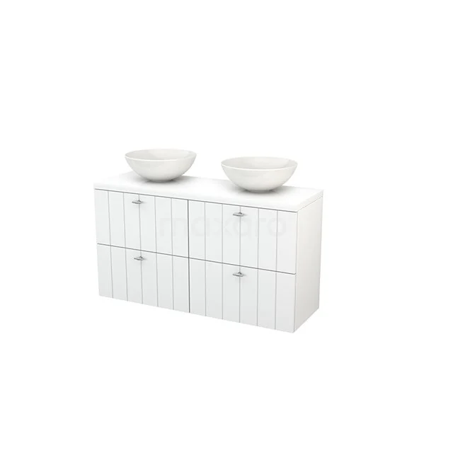 Modulo+ Plato Slim Badmöbel mit Aufsatzwaschbecken | 120 cm Hochglanz Weiß Lamelle front Hochglanz Weiß blatt 4 Schubladen BMD000166 Weißes Badezimmermöbel mit Rippmuster, ausgestattet mit vier Schubladen und zwei runden Waschbecken, passt perfekt in ein modernes Badezimmer.