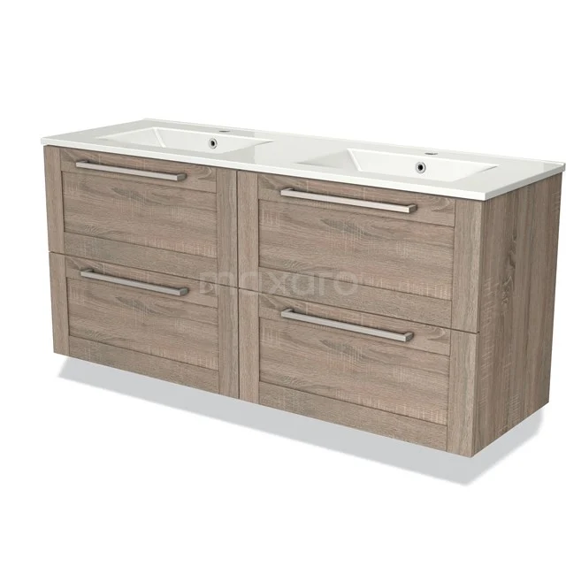 Houten badkamermeubel met dubbele wastafel, moderne lades met metalen grepen, ideale toevoeging aan elke badkamerstijl.