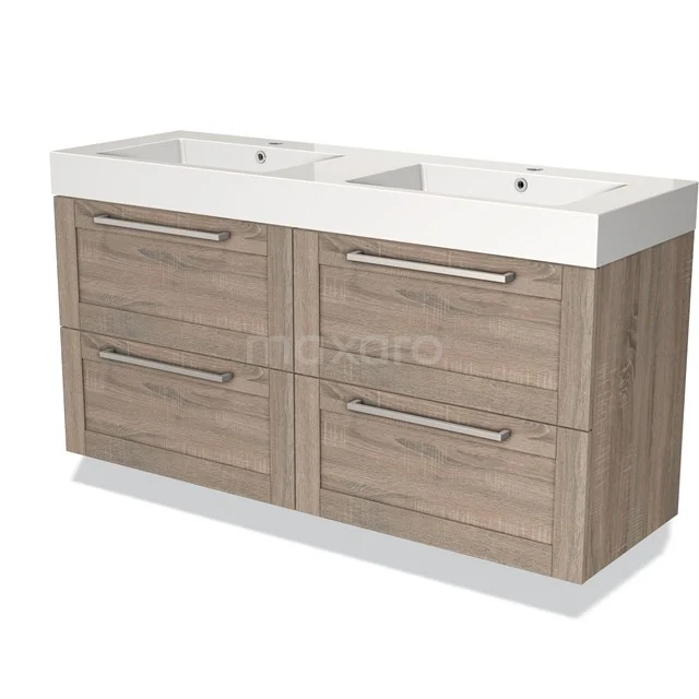 Wooden bathroom unit with double basin, four drawers and modern silver handles, ideal for a stylish bathroom.