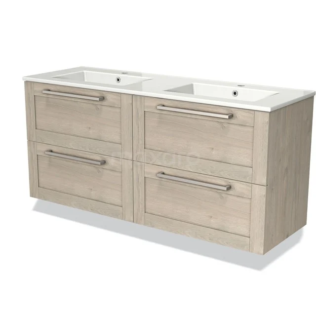 Houten badkamermeubel met dubbele wastafel, licht eiken afwerking, 4 lades met metalen handgrepen, modern en functioneel.
