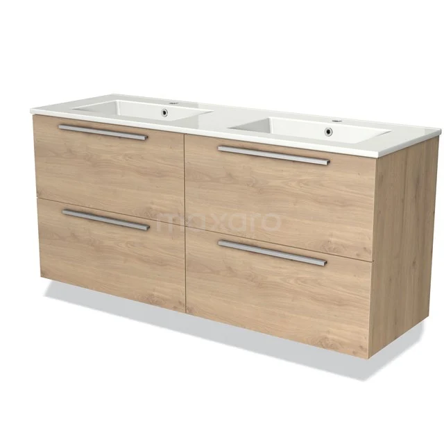 Badkamermeubel 140 cm Modulo Lichtbruin Eiken 4 Lades Vlak Wastafel Keramiek BMW18-00549