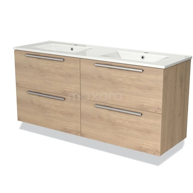 Houten badkamermeubel met dubbele witte wastafel, moderne lades en een strak design, ideaal voor een eigentijdse badkamer.