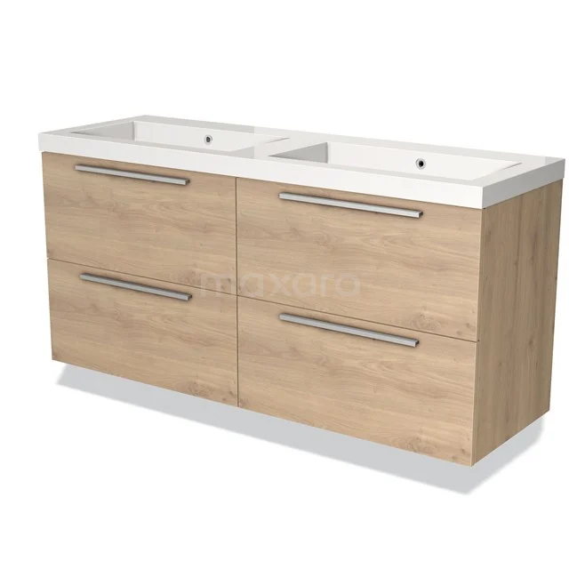Houten badkamermeubel met dubbele witte keramische wastafel, vier lades en stijlvol design voor moderne badkamers.