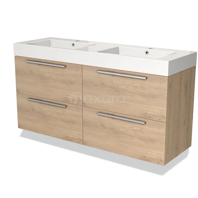 Houten badkamermeubel met dubbele wastafel, modern design en ruime lades, ideaal voor een stijlvolle badkamerinrichting.