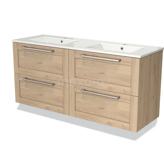 Badkamermeubel 140 cm Modulo Lichtbruin Eiken 4 Lades Kader Wastafel Keramiek BMW18-00556