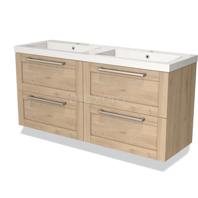 Houten badkamermeubel met dubbele wastafel, vier ruime lades en moderne handgrepen, ideaal voor stijlvolle badkameropslag.