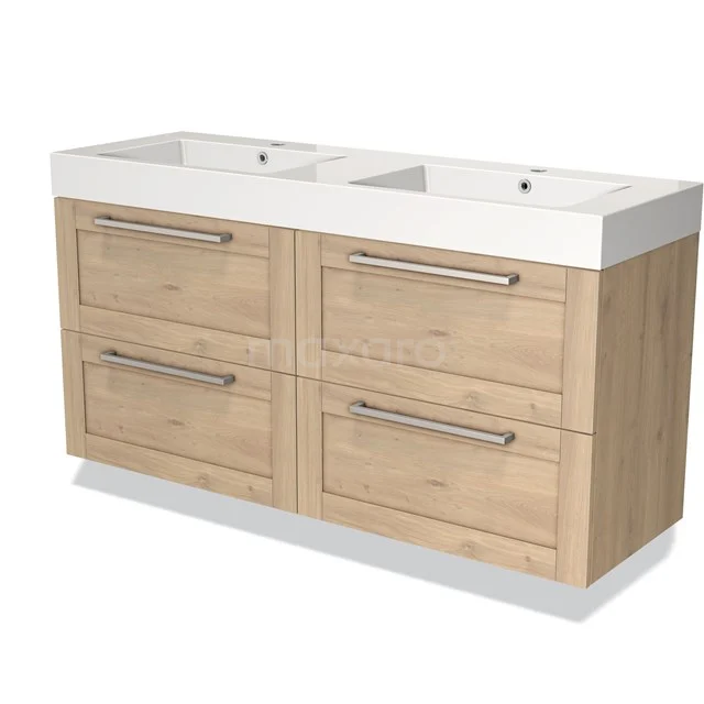 Holz Badezimmermöbel mit Doppelwaschbecken, heller Eiche Oberflächenbehandlung, vier Schubladen mit Metallgriffen, modernes Design.