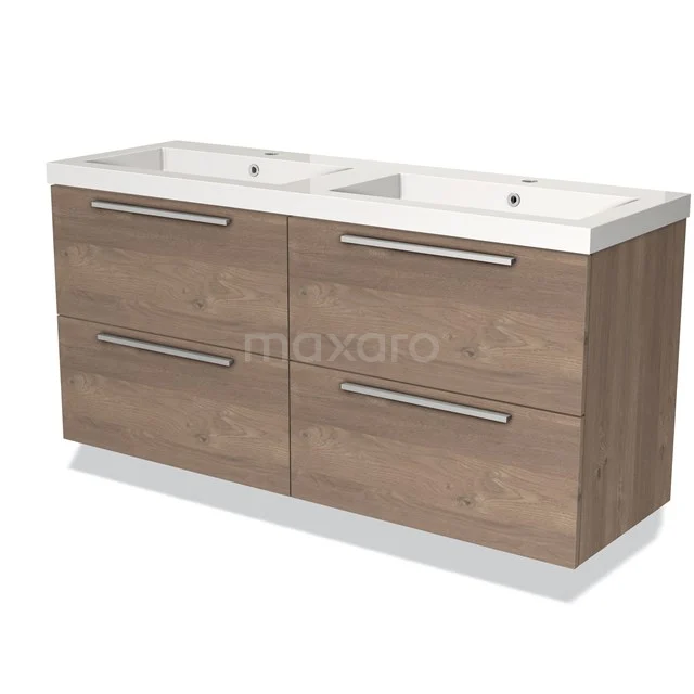 Houten badkamermeubel met dubbele wit keramische wastafel, vier lades en metalen handgrepen, modern en functioneel ontwerp.