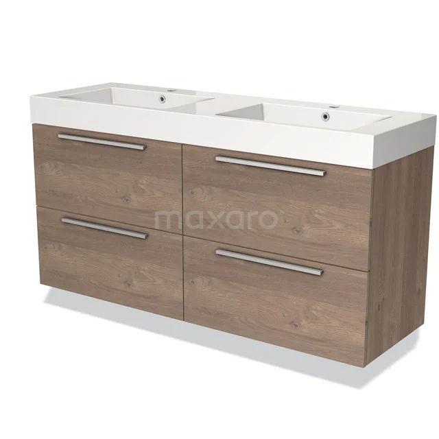 Doppelwaschbecken mit Holzlook-Unterschrank, vier Schubladen und modernen Haltegriffen, ideal für eine stilvolle Badezimmerlagerung.