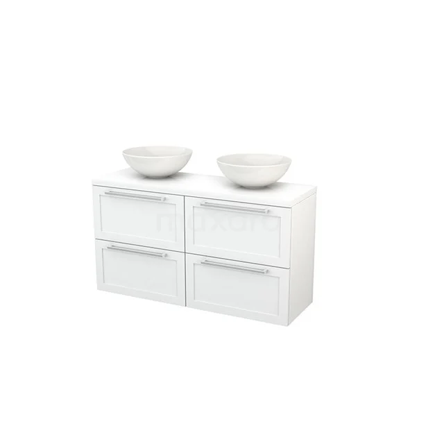 Weißes Badezimmermöbel mit doppeltem Aufsatzwaschbecken, modernes Design, 4 Schubladen, ideal für stilvolle Badezimmerlagerung.