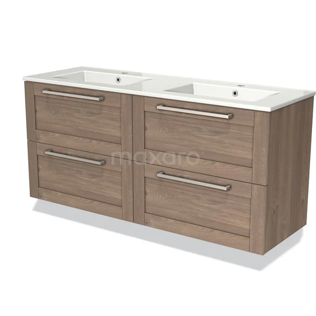 Dubbele wastafel met houtlook onderkast, vier lades, chromen handgrepen en keramische waskom, ideaal voor moderne badkamers.