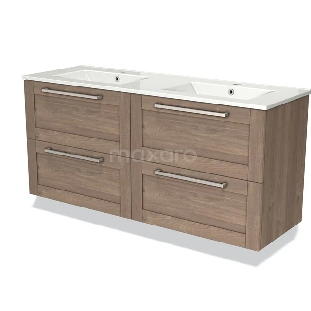 Houten badkamermeubel met dubbele wastafel, vier lades en een modern design, geschikt voor een stijlvolle badkamerinrichting.