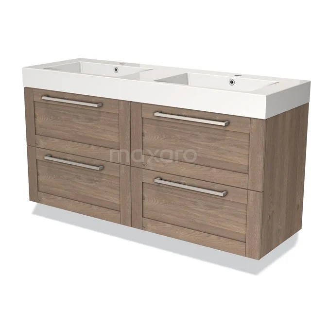 Double basin vanity unit with white ceramic basin and wood-look drawers, ideal for modern bathroom storage.