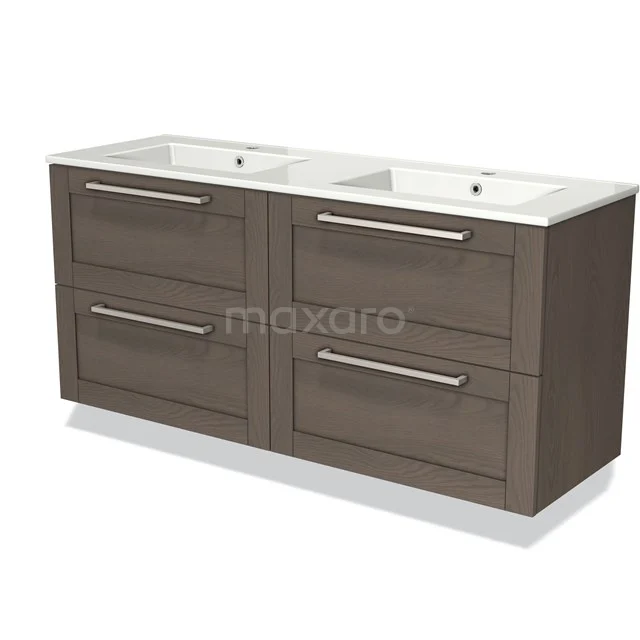 Bruine dubbele wastafelmeubel met vier lades, stijlvolle handgrepen en keramische wastafel, perfect voor moderne badkamers.