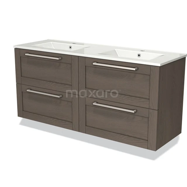 Double basin with cabinet in dark wood, four drawers and modern handles, ideal for extra bathroom storage.
