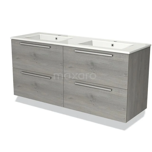 Grey bathroom furniture set with double basin, four drawers and sleek design, perfect for modern bathrooms.