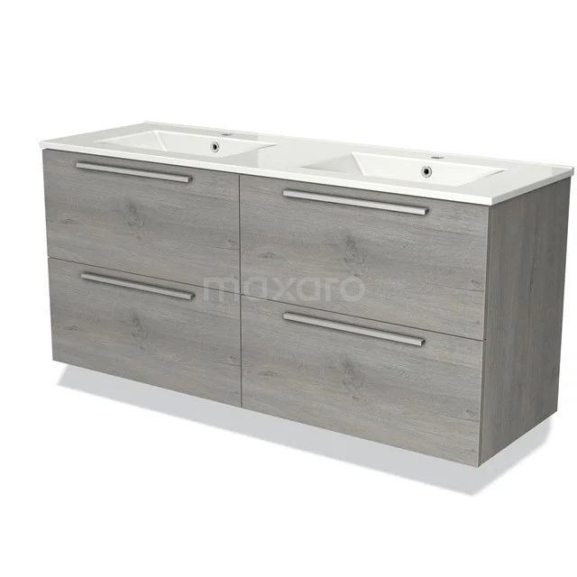 Grijze houten badkamermeubel met dubbele wastafel, vier lades en moderne handgrepen, perfect voor stijlvolle badkamers.